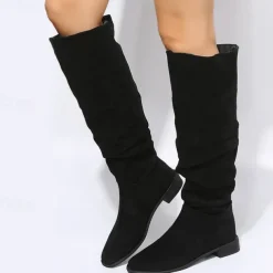Women's Tan Slouchy Knee-High Boots with Low Heel - Casual Suede Western Style for Everyday Wear