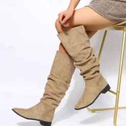 Women's Tan Slouchy Knee-High Boots with Low Heel - Casual Suede Western Style for Everyday Wear
