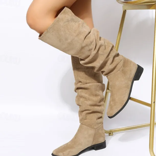 Women's Tan Slouchy Knee-High Boots with Low Heel - Casual Suede Western Style for Everyday Wear