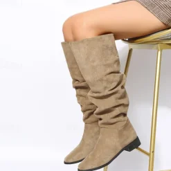 Women's Tan Slouchy Knee-High Boots with Low Heel - Casual Suede Western Style for Everyday Wear