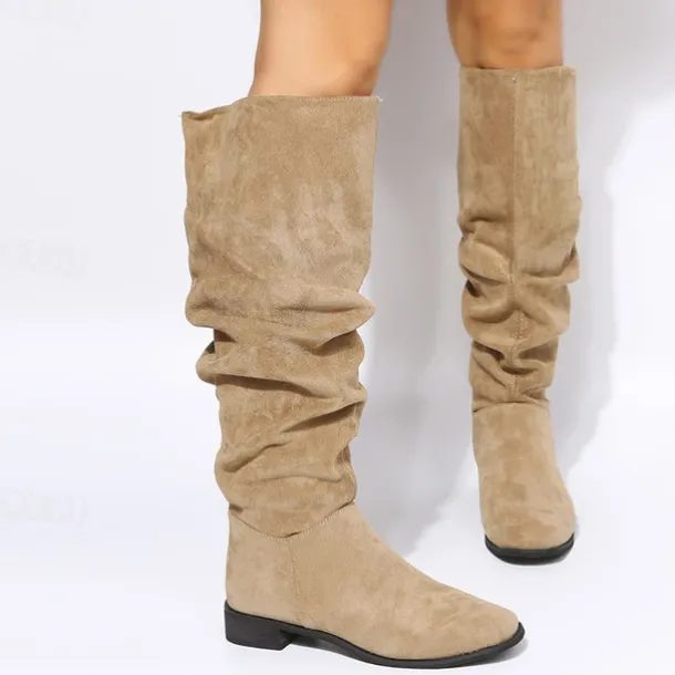 Women's Tan Slouchy Knee-High Boots with Low Heel - Casual Suede Western Style for Everyday Wear