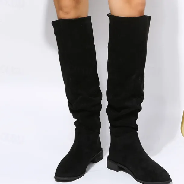 Women's Tan Slouchy Knee-High Boots with Low Heel - Casual Suede Western Style for Everyday Wear