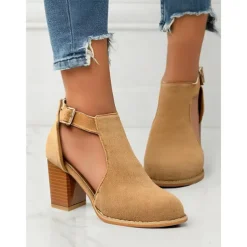 Women's Tan Suede Cut-Out Ankle Boots with Block Heels - Perfect for Casual Outings, Spring and Fall Fashion, and Stylish Everyday Wear