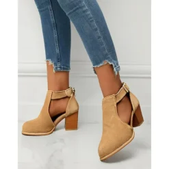 Women's Tan Suede Cut-Out Ankle Boots with Block Heels - Perfect for Casual Outings, Spring and Fall Fashion, and Stylish Everyday Wear