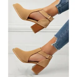 Women's Tan Suede Cut-Out Ankle Boots with Block Heels - Perfect for Casual Outings, Spring and Fall Fashion, and Stylish Everyday Wear
