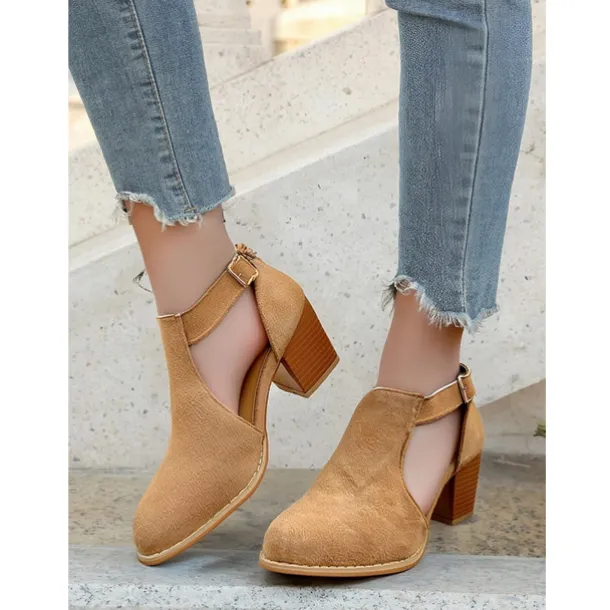 Women's Tan Suede Cut-Out Ankle Boots with Block Heels - Perfect for Casual Outings, Spring and Fall Fashion, and Stylish Everyday Wear