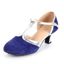 Women's Tan Suede T-Strap Dance Shoes with Soft Suede Sole – Latin Ballroom Heels with Silver Accents for Performance, Practice, and Competitions