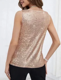 Women's Tank Top Camis Solid Color Sexy Casual Sleeveless Crew Neck Regular Tops Daily Sequins Black Green Khaki Summer