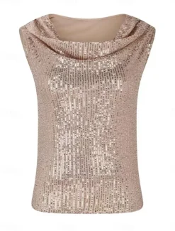 Women's Tank Top Camis Solid Color Sexy Casual Sleeveless Crew Neck Regular Tops Daily Sequins Black Green Khaki Summer