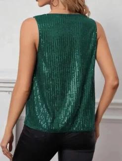 Women's Tank Top Camis Solid Color Sexy Casual Sleeveless Crew Neck Regular Tops Daily Sequins Black Green Khaki Summer