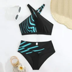 Women's Tankini Two Piece Swimsuit Backless Halter Swimwear Leopard Print Swimwear Black Blue Breathable Quick Dry Lightweight Sleeveless - Swimming Surfing Beach Summer Spring