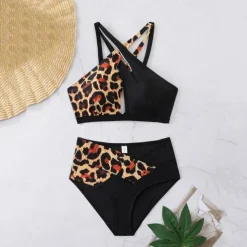 Women's Tankini Two Piece Swimsuit Backless Halter Swimwear Leopard Print Swimwear Black Blue Breathable Quick Dry Lightweight Sleeveless - Swimming Surfing Beach Summer Spring