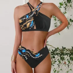 Women's Tankini Two Piece Swimsuit Backless Halter Swimwear Leopard Print Swimwear Black Blue Breathable Quick Dry Lightweight Sleeveless - Swimming Surfing Beach Summer Spring