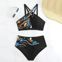 Women's Tankini Two Piece Swimsuit Backless Halter Swimwear Leopard Print Swimwear Black Blue Breathable Quick Dry Lightweight Sleeveless - Swimming Surfing Beach Summer Spring