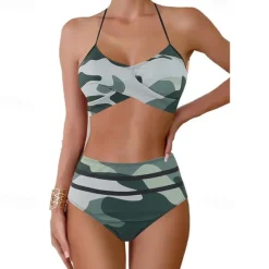 Women's Tankini Two Piece Swimsuit Ruffle Swimwear Swimwear Blue Gold Breathable Quick Dry Lightweight Sleeveless - Swimming Surfing Beach Summer Spring