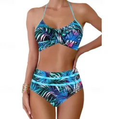 Women's Tankini Two Piece Swimsuit Ruffle Swimwear Swimwear Blue Gold Breathable Quick Dry Lightweight Sleeveless - Swimming Surfing Beach Summer Spring