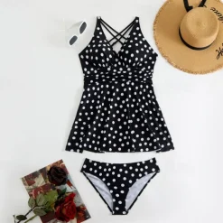 Women's Tankini Two Piece Swimsuit Criss Cross Swimwear Spot Swimwear Black Blue Breathable Quick Dry Lightweight Sleeveless - Swimming Surfing Beach Summer Spring Plus Size