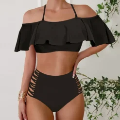 Women's Tankini Two Piece Swimsuit Ruffle Swimwear Solid Colored Swimwear Black White Breathable Quick Dry Lightweight Sleeveless - Swimming Surfing Beach Summer Spring