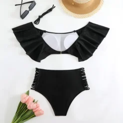 Women's Tankini Two Piece Swimsuit Ruffle Swimwear Solid Colored Swimwear Black White Breathable Quick Dry Lightweight Sleeveless - Swimming Surfing Beach Summer Spring