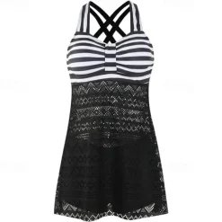 Women's Tankini Two Piece Swimsuit Lace Swimwear Stripes Swimwear Black Purple Breathable Quick Dry Lightweight Sleeveless - Swimming Surfing Beach Summer Spring Plus Size