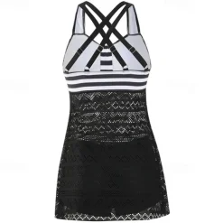 Women's Tankini Two Piece Swimsuit Lace Swimwear Stripes Swimwear Black Purple Breathable Quick Dry Lightweight Sleeveless - Swimming Surfing Beach Summer Spring Plus Size