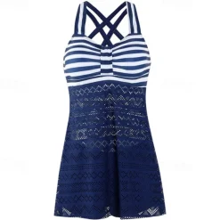 Women's Tankini Two Piece Swimsuit Lace Swimwear Stripes Swimwear Black Purple Breathable Quick Dry Lightweight Sleeveless - Swimming Surfing Beach Summer Spring Plus Size