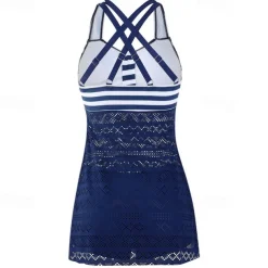 Women's Tankini Two Piece Swimsuit Lace Swimwear Stripes Swimwear Black Purple Breathable Quick Dry Lightweight Sleeveless - Swimming Surfing Beach Summer Spring Plus Size