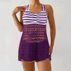 Women's Tankini Two Piece Swimsuit Lace Swimwear Stripes Swimwear Black Purple Breathable Quick Dry Lightweight Sleeveless - Swimming Surfing Beach Summer Spring Plus Size