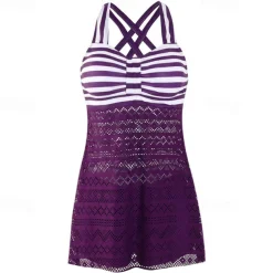 Women's Tankini Two Piece Swimsuit Lace Swimwear Stripes Swimwear Black Purple Breathable Quick Dry Lightweight Sleeveless - Swimming Surfing Beach Summer Spring Plus Size
