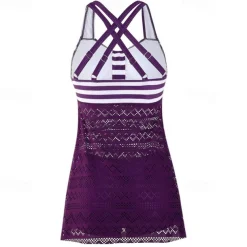 Women's Tankini Two Piece Swimsuit Lace Swimwear Stripes Swimwear Black Purple Breathable Quick Dry Lightweight Sleeveless - Swimming Surfing Beach Summer Spring Plus Size