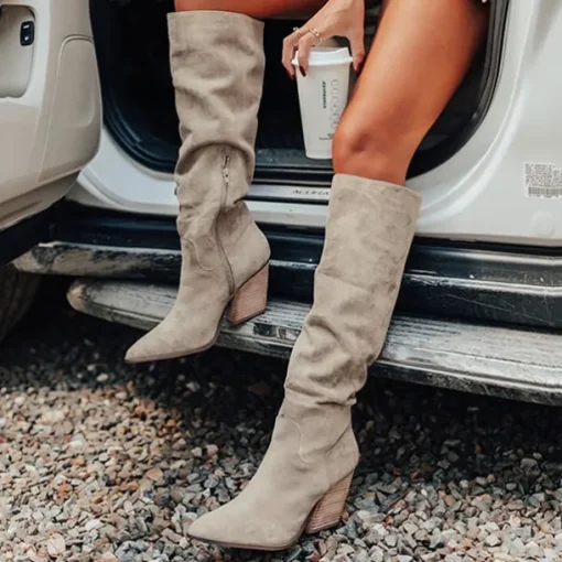 Women's Taupe Suede Knee-High Western Boots with Block Heel, Stylish Pointed Toe Boots for Casual and Outdoor Wear