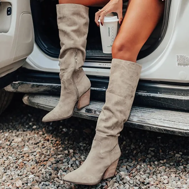 Women's Taupe Suede Knee-High Western Boots with Block Heel, Stylish Pointed Toe Boots for Casual and Outdoor Wear