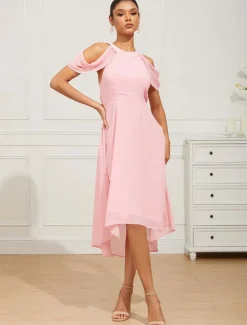Women's Tea Length Chiffon Dress Elegant Formal Flutter Sleeve Wedding Guest Cocktail Party Regular Fit 3/4 Length Sleeve Halter Neck Pink Summer Spring