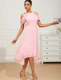 Women's Tea Length Chiffon Dress Elegant Formal Flutter Sleeve Wedding Guest Cocktail Party Regular Fit 3/4 Length Sleeve Halter Neck Pink Summer Spring