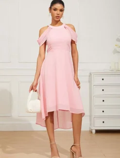 Women's Tea Length Chiffon Dress Elegant Formal Flutter Sleeve Wedding Guest Cocktail Party Regular Fit 3/4 Length Sleeve Halter Neck Pink Summer Spring