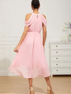 Women's Tea Length Chiffon Dress Elegant Formal Flutter Sleeve Wedding Guest Cocktail Party Regular Fit 3/4 Length Sleeve Halter Neck Pink Summer Spring