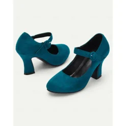 Women's Teal Suede Mary Jane Heels with Buckle Strap – Retro High Heel Pumps for Parties and Formal Events