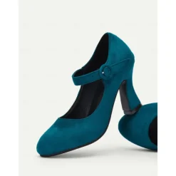 Women's Teal Suede Mary Jane Heels with Buckle Strap – Retro High Heel Pumps for Parties and Formal Events
