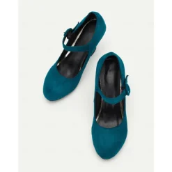Women's Teal Suede Mary Jane Heels with Buckle Strap – Retro High Heel Pumps for Parties and Formal Events