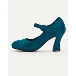 Women's Teal Suede Mary Jane Heels with Buckle Strap – Retro High Heel Pumps for Parties and Formal Events