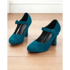 Women's Teal Suede Mary Jane Heels with Buckle Strap – Retro High Heel Pumps for Parties and Formal Events