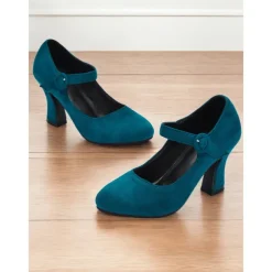 Women's Teal Suede Mary Jane Heels with Buckle Strap – Retro High Heel Pumps for Parties and Formal Events