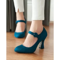 Women's Teal Suede Mary Jane Heels with Buckle Strap – Retro High Heel Pumps for Parties and Formal Events