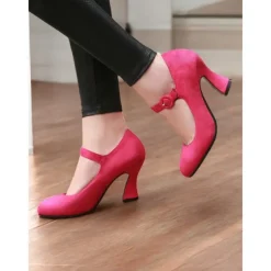 Women's Teal Suede Mary Jane Heels with Buckle Strap – Retro High Heel Pumps for Parties and Formal Events