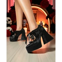 Women's 19th Century Victorian Gothic Velvet Platform Heels - Burgundy Mary Jane Chunky Pumps with Lace Trim and Ribbon for Halloween,Cosplay,and Lolita Fashion