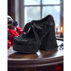 Women's 19th Century Victorian Gothic Velvet Platform Heels - Burgundy Mary Jane Chunky Pumps with Lace Trim and Ribbon for Halloween,Cosplay,and Lolita Fashion