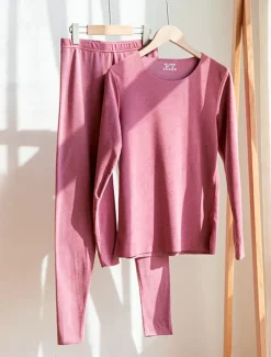 Women's Thermal Set Pure Color Warm Casual Comfort Home Daily Going out Warm Crew Neck Long Sleeve Pant Elastic Waist Fall Winter Home Outfits