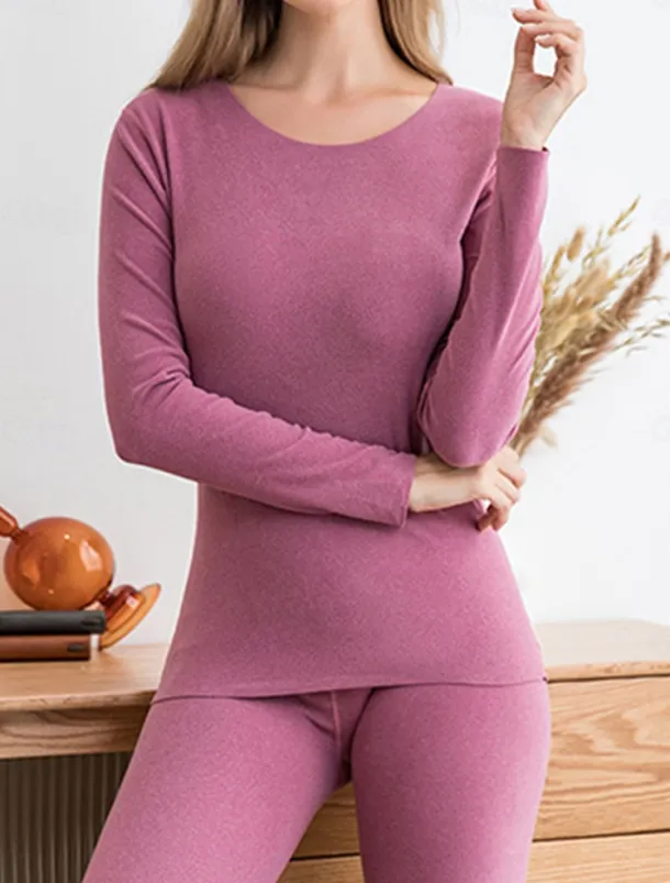 Women's Thermal Set Pure Color Warm Casual Comfort Home Daily Going out Warm Crew Neck Long Sleeve Pant Elastic Waist Fall Winter Home Outfits
