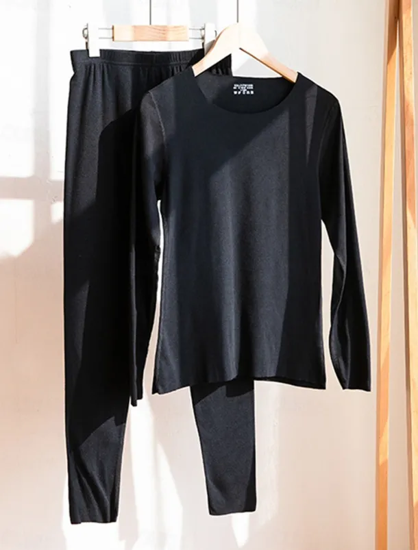 Women's Thermal Set Pure Color Warm Casual Comfort Home Daily Going out Warm Crew Neck Long Sleeve Pant Elastic Waist Fall Winter Home Outfits