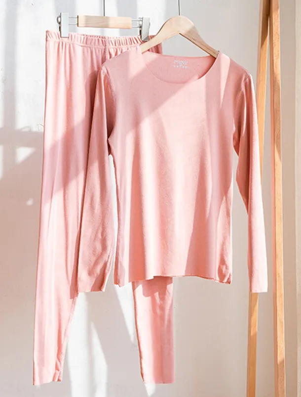 Women's Thermal Set Pure Color Warm Casual Comfort Home Daily Going out Warm Crew Neck Long Sleeve Pant Elastic Waist Fall Winter Home Outfits